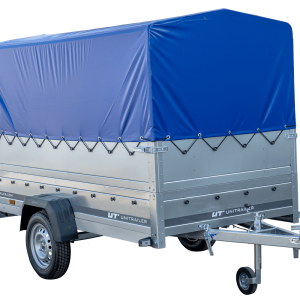 Remorque 264 KIPP avec roue jockey, ridelles supplémentaires, châssis H-800 et bâche bleue