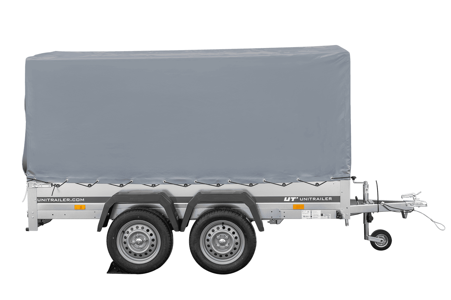 Remorque double essieux 264x150 UNITRAILER GARDEN 265/2 KIPP avec châssis H-1100 et bâche grise – Image 7