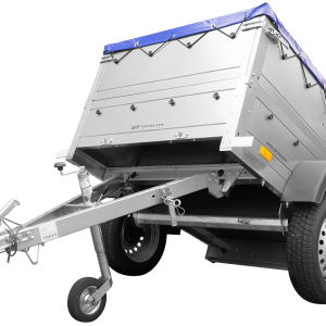 Remorque basculante compacte Garden Trailer 150 KIPP avec rehausses et bâche bleue