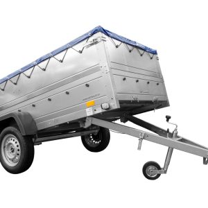 Remorque simple essieu Unitrailer Garden Trailer 264 KIPP avec rehausses et bâche bleue