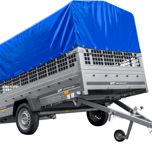 Remorque basculante UNITRAILER GARDEN 265 (264x150 cm) avec ridelles grillagées, arceau H-800 et bâche de protection bleue