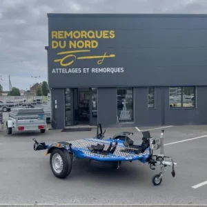 Remorque Porte-Motos Cochet Duo Abaissable & Pliable – Bleu – PTAC 750 Kg.