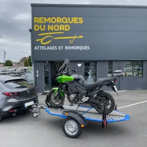 Remorque Porte-Moto Cochet Abaissable & Pliable – Bleu – PTAC 600 Kg.